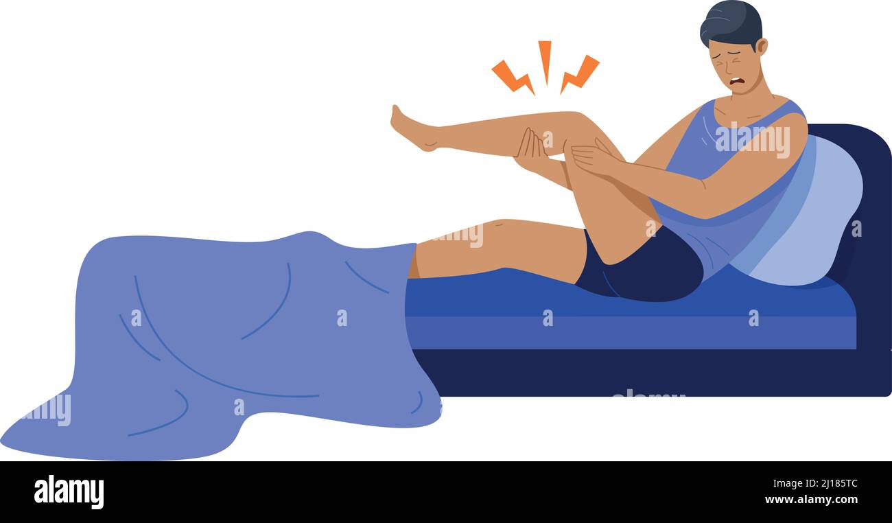 Leg cramp. Sudden night muscle pain wake up isolated on white