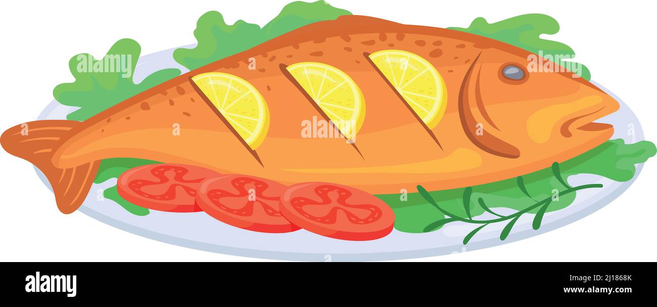 Cartoon fish plate. Grilled sea food dish isolated on white background