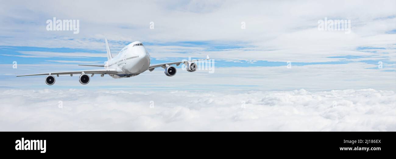 Jet air plane in a blue cloudscape sky. Panoramic composition in high