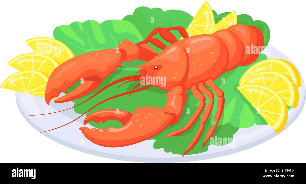 Cooked lobster on plate. Cartoon seafood serving dish isolated on white