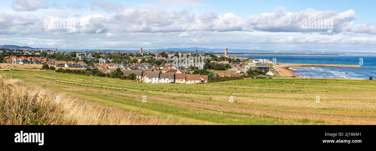 A panoramic view of the university city of St Andrews, Fife, Scotland UK with the harbour and East Sands. Stock Photo