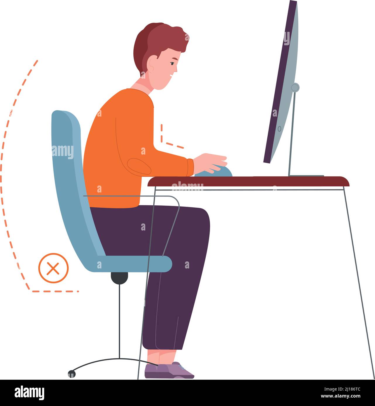 Wrong pose for working at computer desk. Back pain cause isolated on
