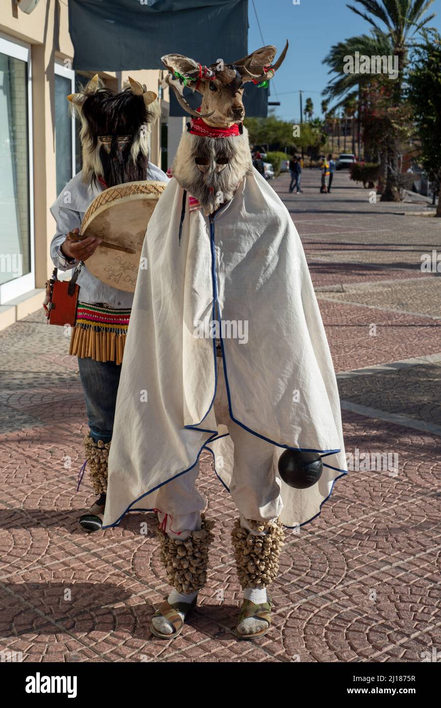 Indigenous Fariseos in Mexico in costume and masks, one with a deer head, with drums and rattles in San Carlos, Sonora, Mexico. Stock Photo