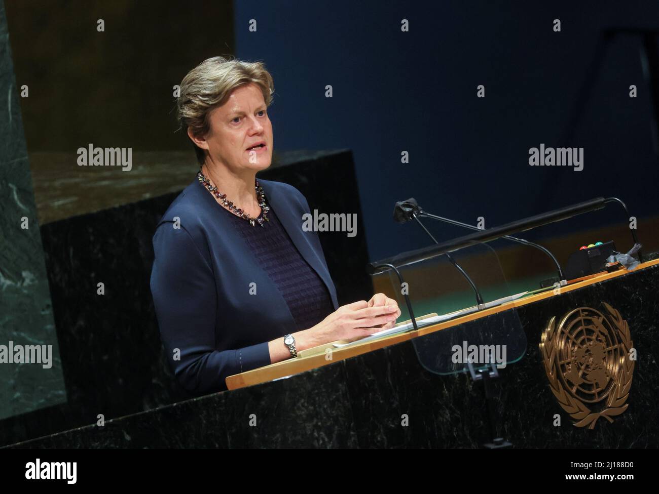 United Kingdom's Ambassador to the U.N. Barbara Woodward addresses a special session of the U.N. General Assembly on Russia's invasion of Ukraine, at the United Nations Headquarters in New York, U.S., March 23, 2022. REUTERS/Brendan McDermid Stock Photo