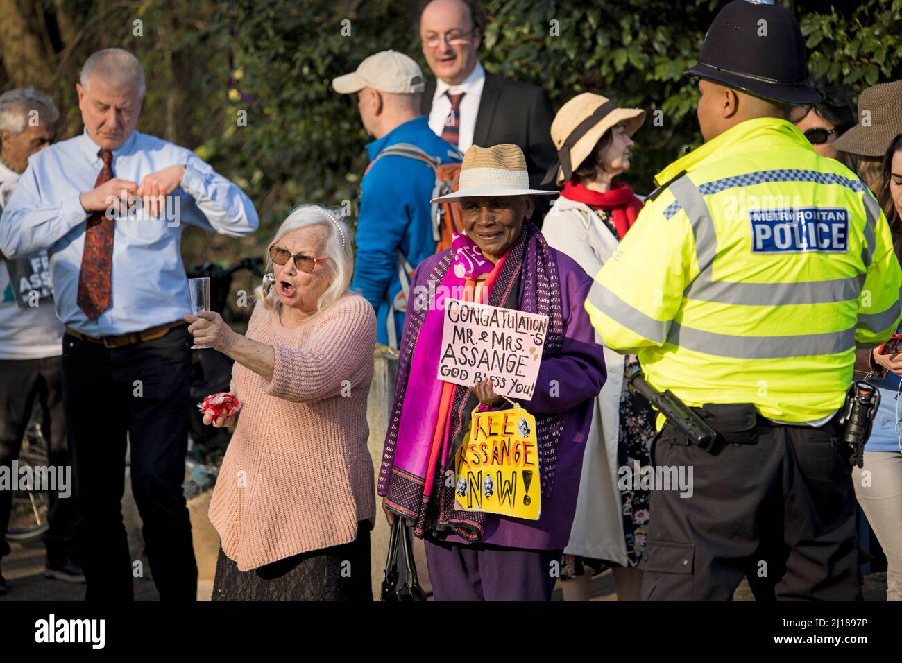 London, UK. 23rd Mar, 2022. Supporters of Julian Assange gather at MH Prison Belmarsh for the Wedding of Stella Moris to Wikileaks founder Julian Assange at Belmarsh Prison in Thamesmead, East London. The couple, who met when Assange was living in the Ecuadorian embassy in London, have two children. Dame Vivienne Westwood is reported to have designed Ms MorisÕs wedding dress and a kilt for Julian Assange. Photo credit: Ben Cawthra/Sipa USA **NO UK SALES** Credit: Sipa USA/Alamy Live News Stock Photo