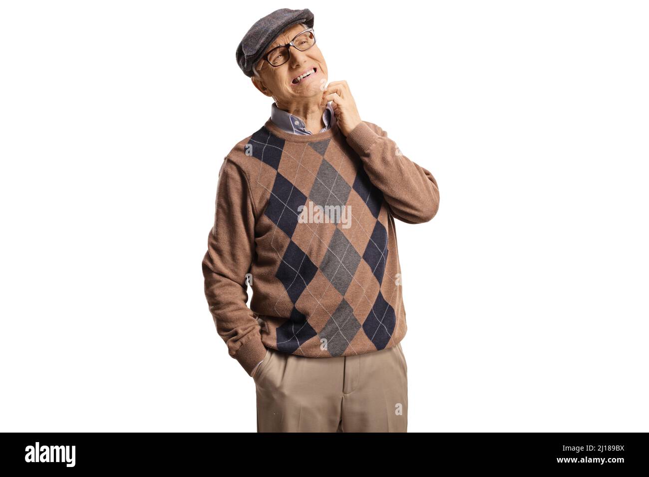 Elderly man itching his neck isolated on white background Stock Photo
