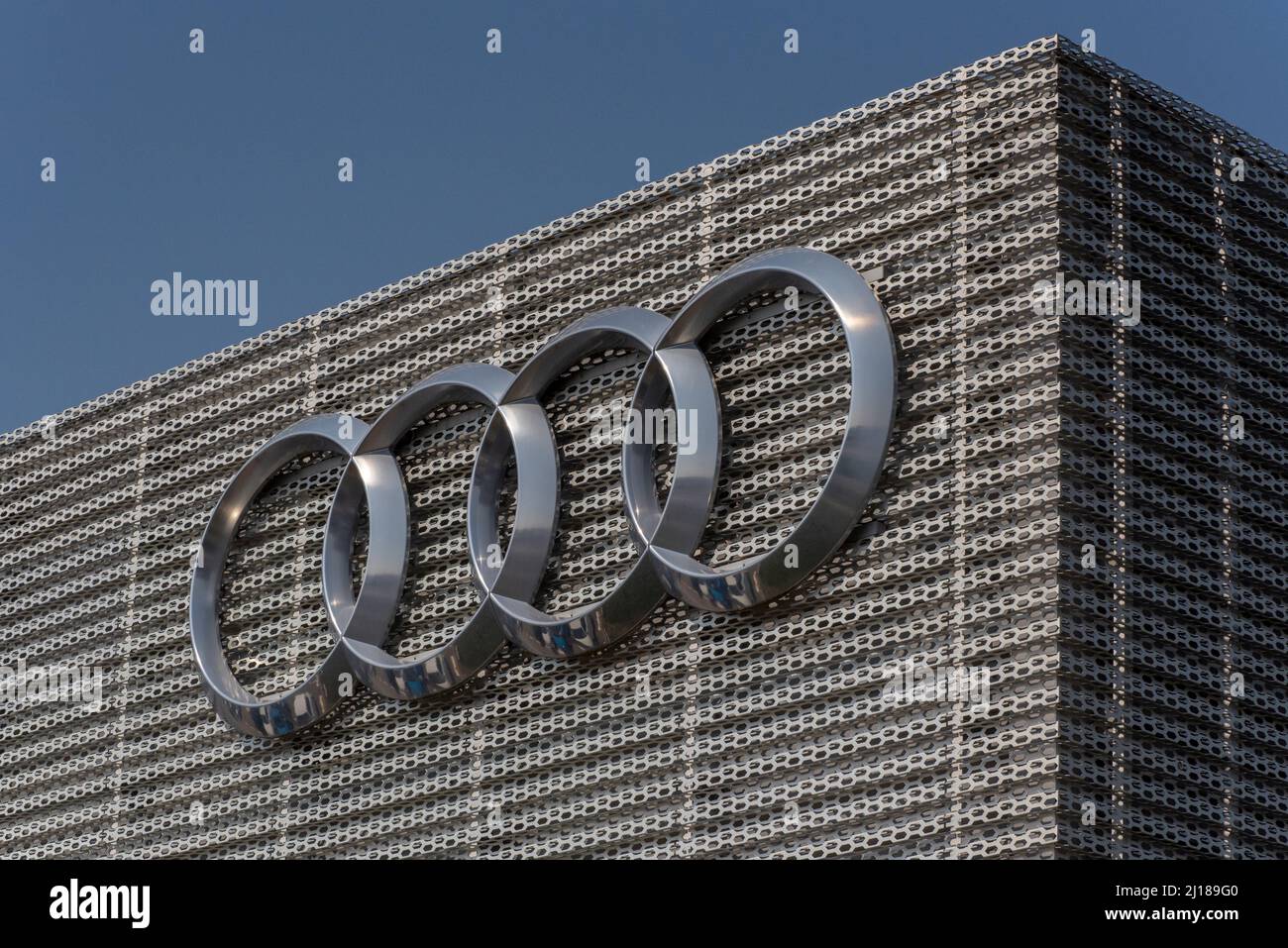 Audi logo on the exterior of a car dealership, Oxford, UK Stock Photo