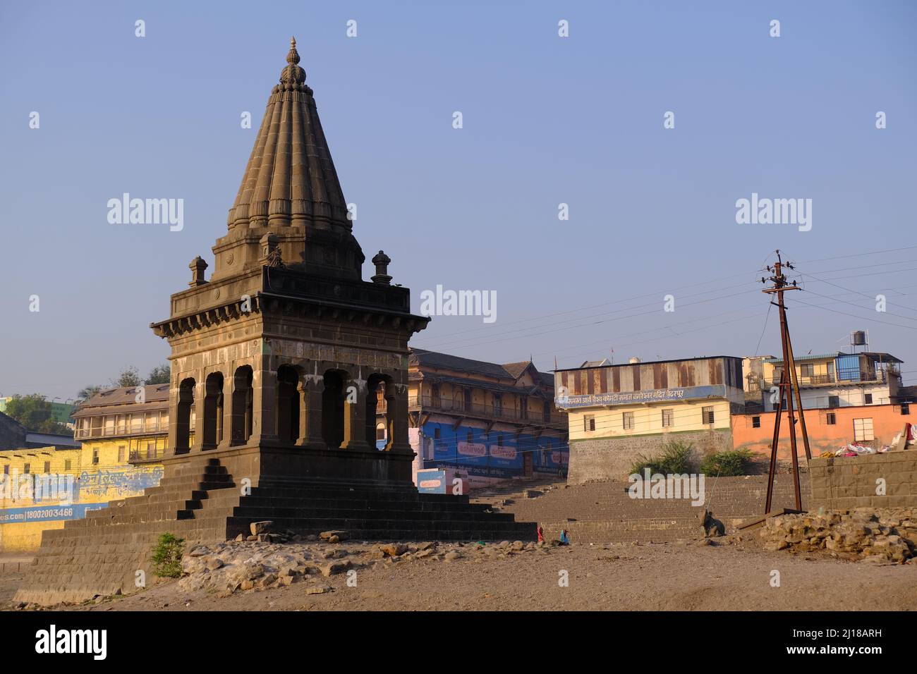 Pandharpur, India, 26 February 2022, Pundalik temple on bank of river chandrabhaga at Pandharpur, Maharashtra, India. Stock Photo