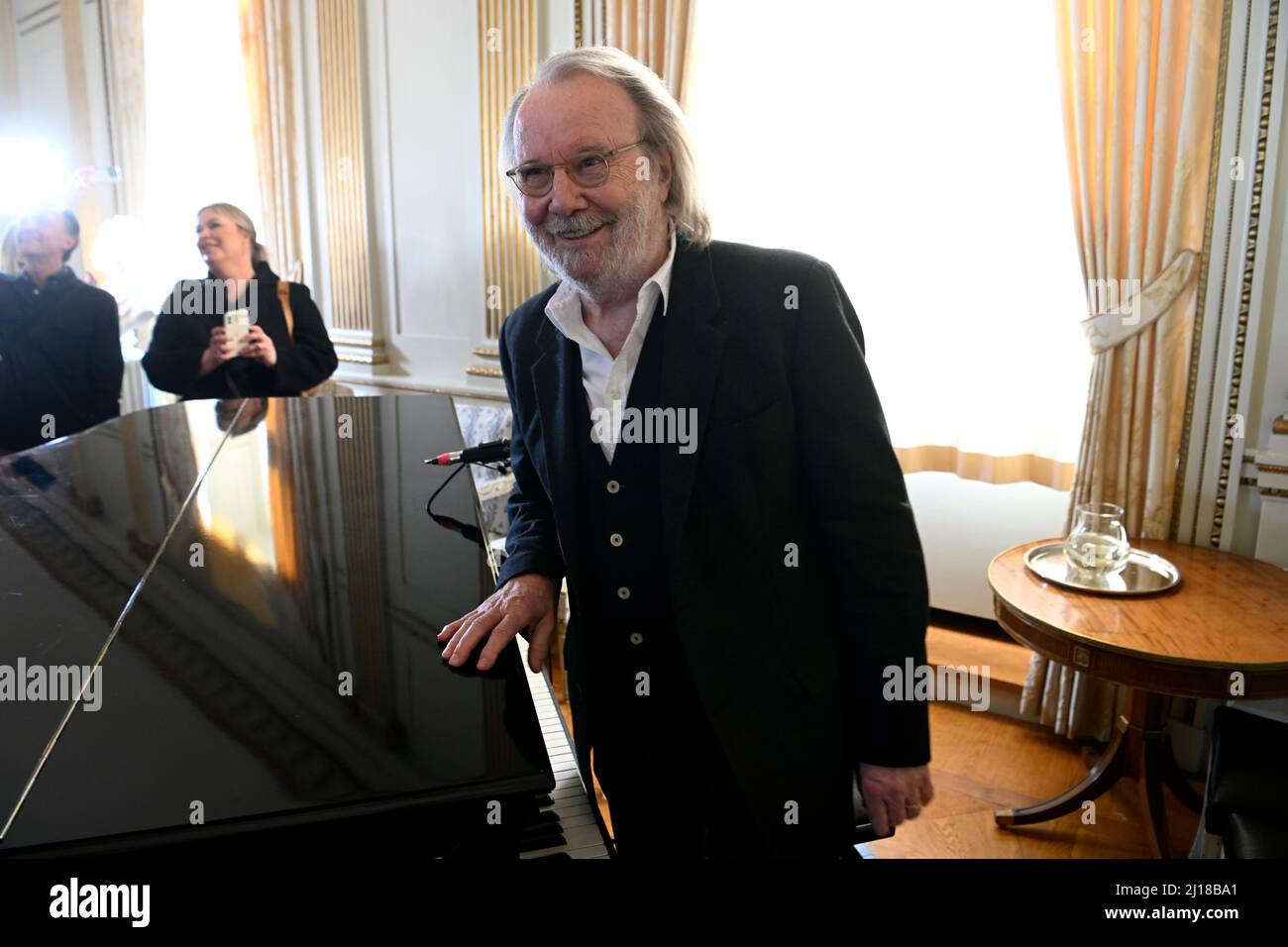 Benny Andersson plays 'Thank you for the Music after ABBA was awarded the Swedish Music Export Prize 2021. The winner of the Music Export Award for 2021 was announced by the Minister for Foreign Trade and Minister for Nordic Affairs at the Ministry for Foreign Affairs in Stockholm, Sweden 23 March 2022.  Photo: Fredrik Sandberg / TT / kod 10080 Stock Photo