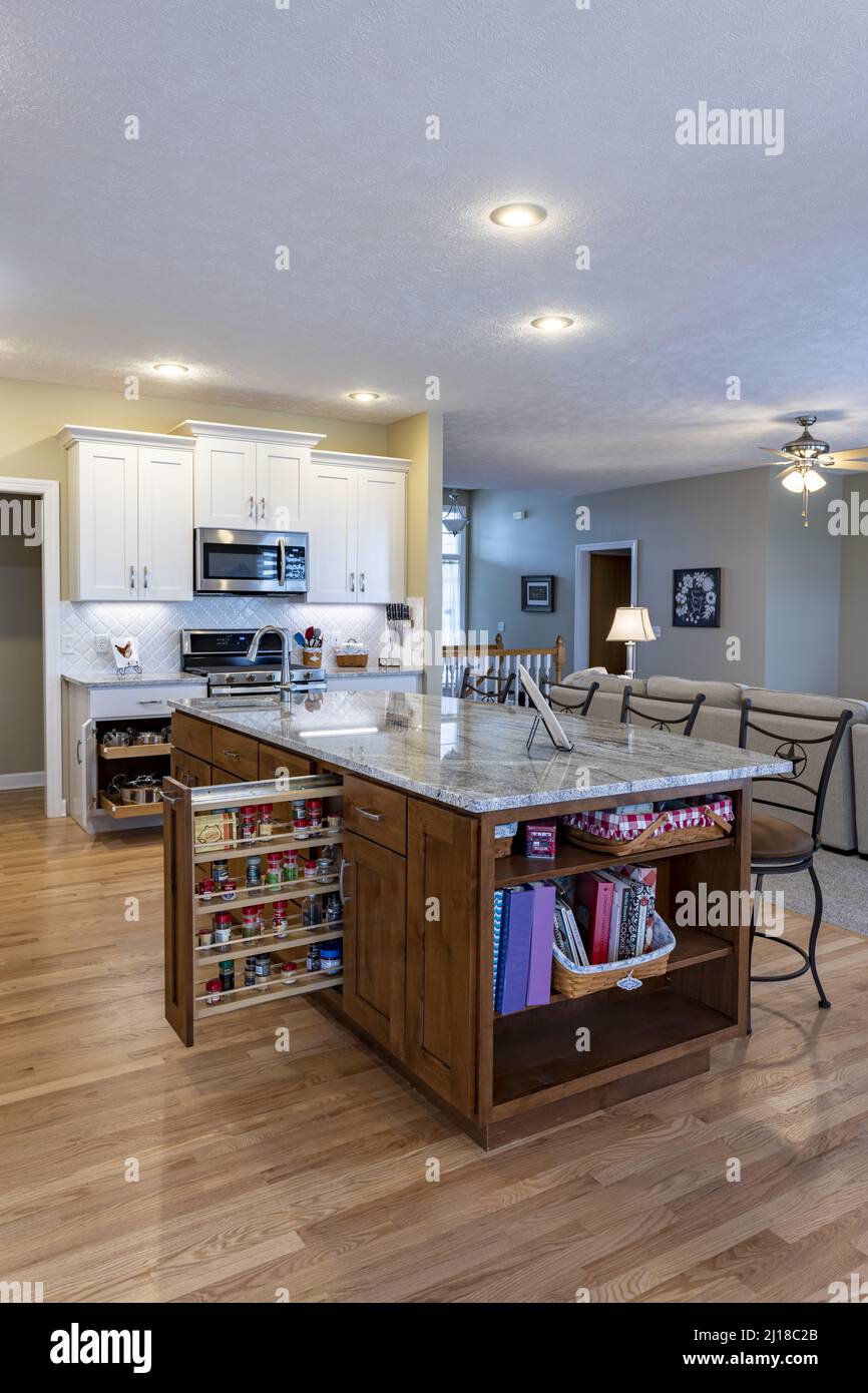 A classic kitchen with functional island on wooden floor Stock Photo