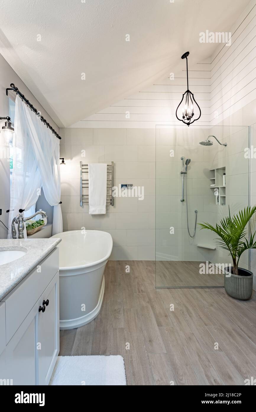 The bathroom of a contemporary home with bathtub, glass divider, shower