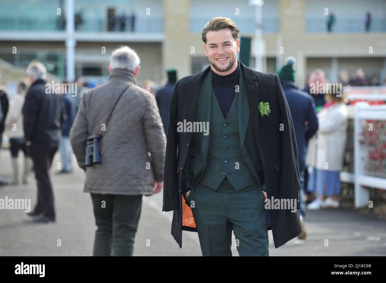 Love Island star turned ITV racing pundit Chris Hughes   Day Three at Cheltenham Racecourse Gold Cup Festival    St Patrick's Day    Pictures by Mikal Stock Photo