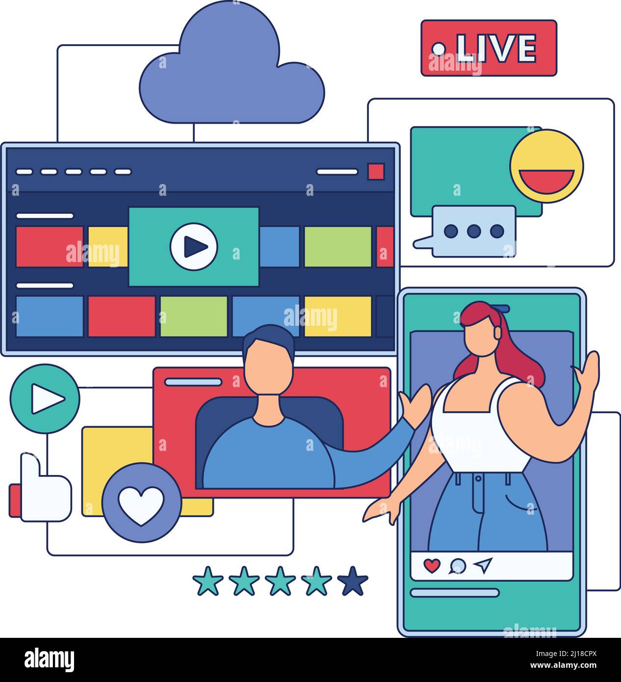 Streaming services concept image girl doing live on cellphone Vector Stock Vector