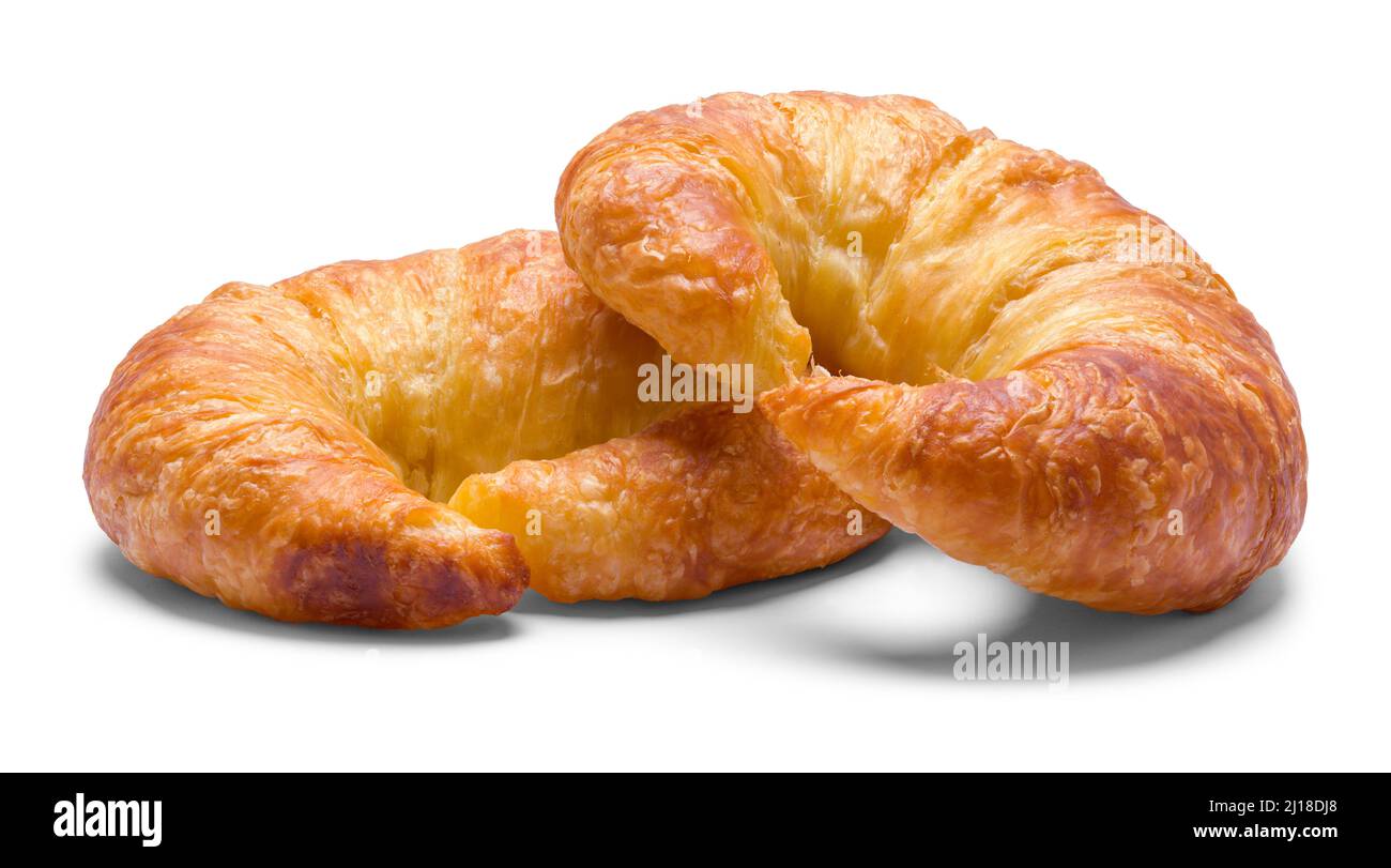 Two Croissant Rolls Pastry Cut Out on White. Stock Photo