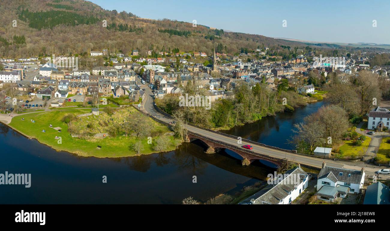 Aerial view from drone of village of Callander on the River Teith in The Loch Lomond and Trossachs National Park in Perthshire in Scotland, UK. Stock Photo