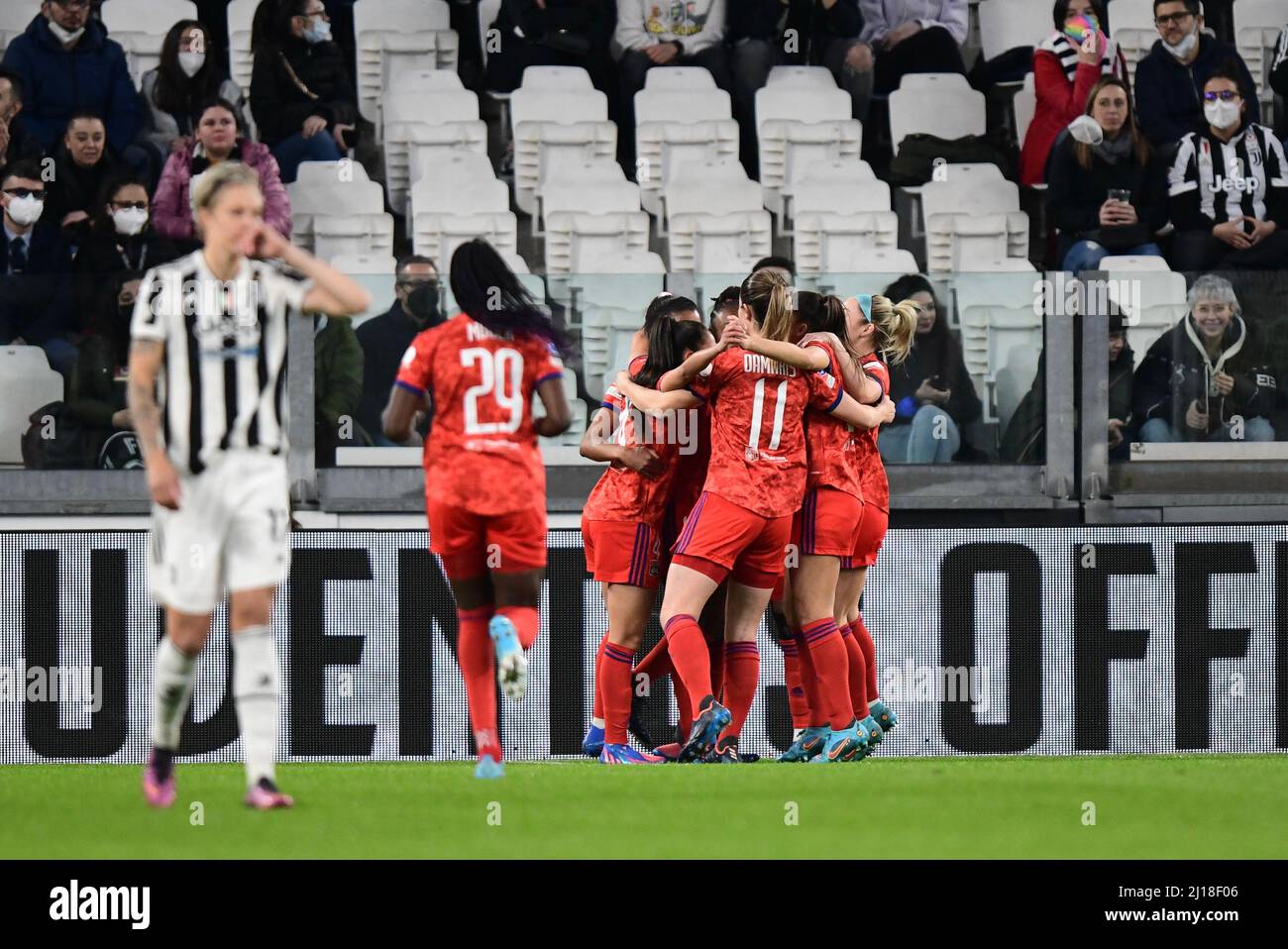 Turin, Italy. 23rd Mar, 2022. Catarina Macario (13) of Olympique Lyon scores for 0-1 and is celebrating with the team during the UEFA Women's Champions League match between Juventus and Olympique Lyon at Juventus Stadium in Turin. (Photo Credit: Gonzales Photo/Alamy Live News Stock Photo