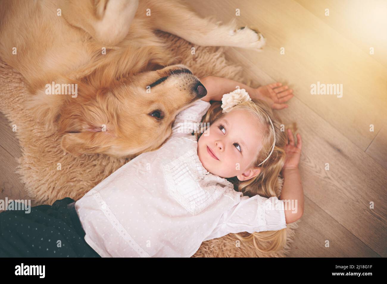 Were in this together, kid. An adorable little girl with her dog at home. Stock Photo