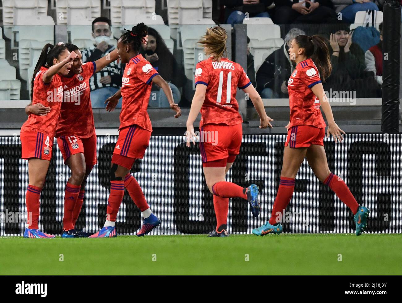 Turin, Italy. 23rd Mar, 2022. Catarina Macario (13) of Olympique Lyon scores for 0-1 and is celebrating with the team during the UEFA Women's Champions League match between Juventus and Olympique Lyon at Juventus Stadium in Turin. (Photo Credit: Gonzales Photo/Alamy Live News Stock Photo