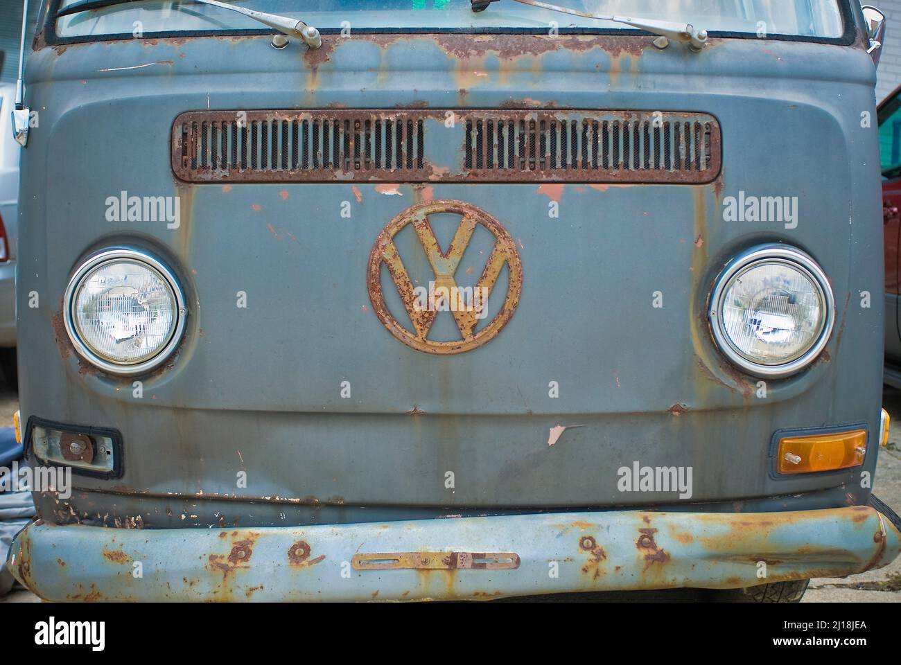Rusted Volkswagen Bus, Front View Stock Photo