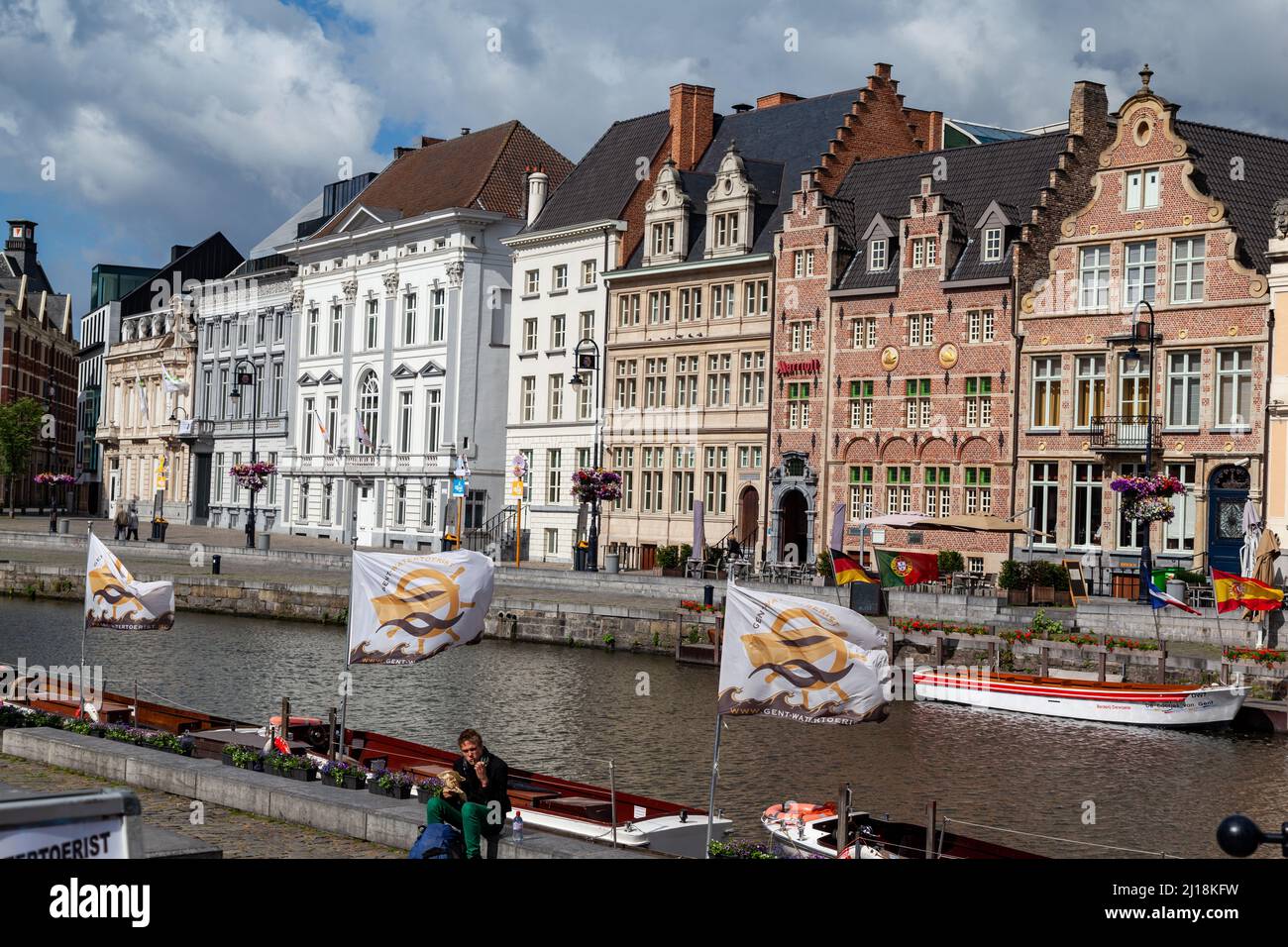 A the facade of the historical flemish houses on the water canals of