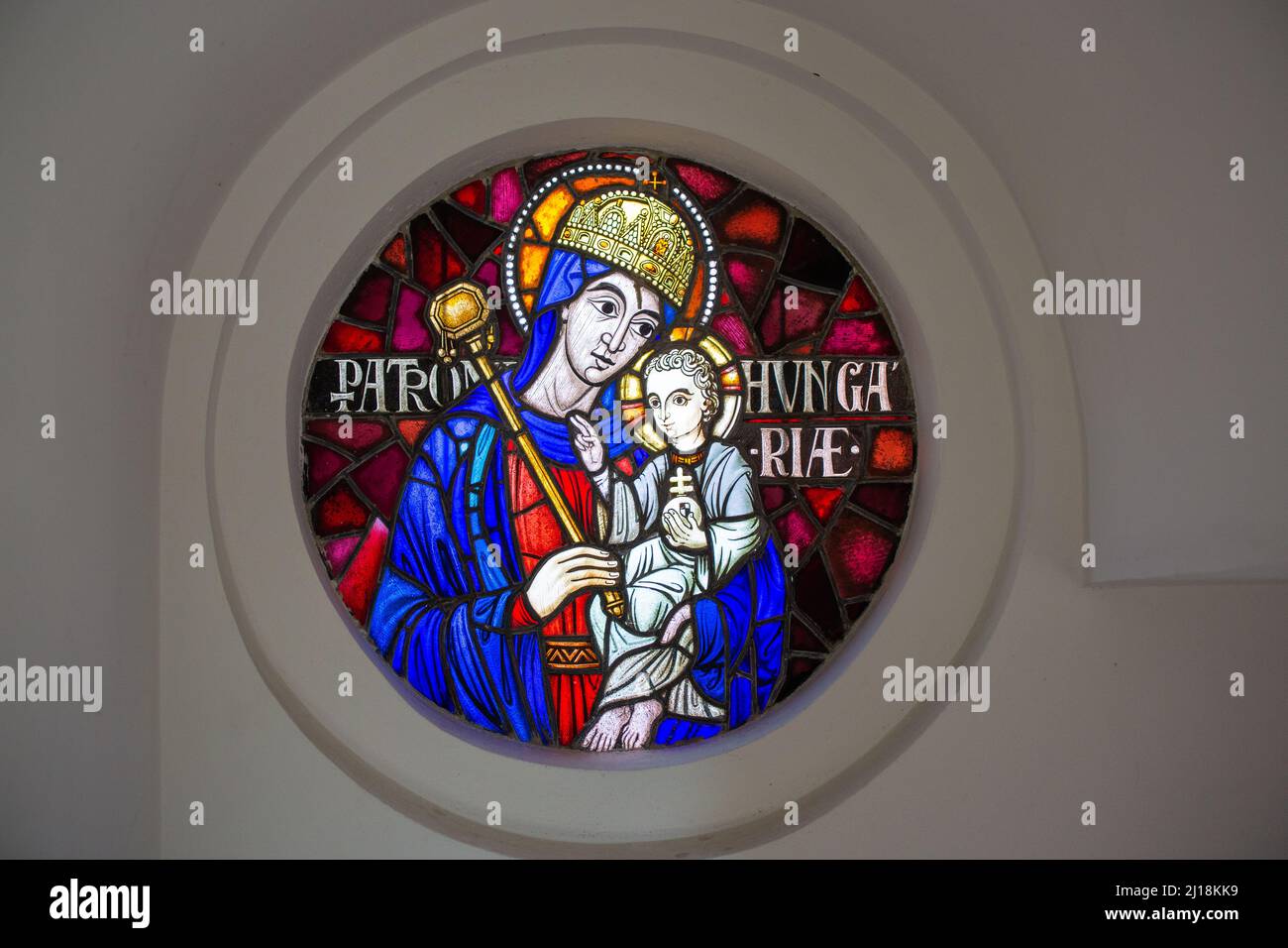 A closeup of the Stained window of the Virgin Mary and Jesus Stock ...