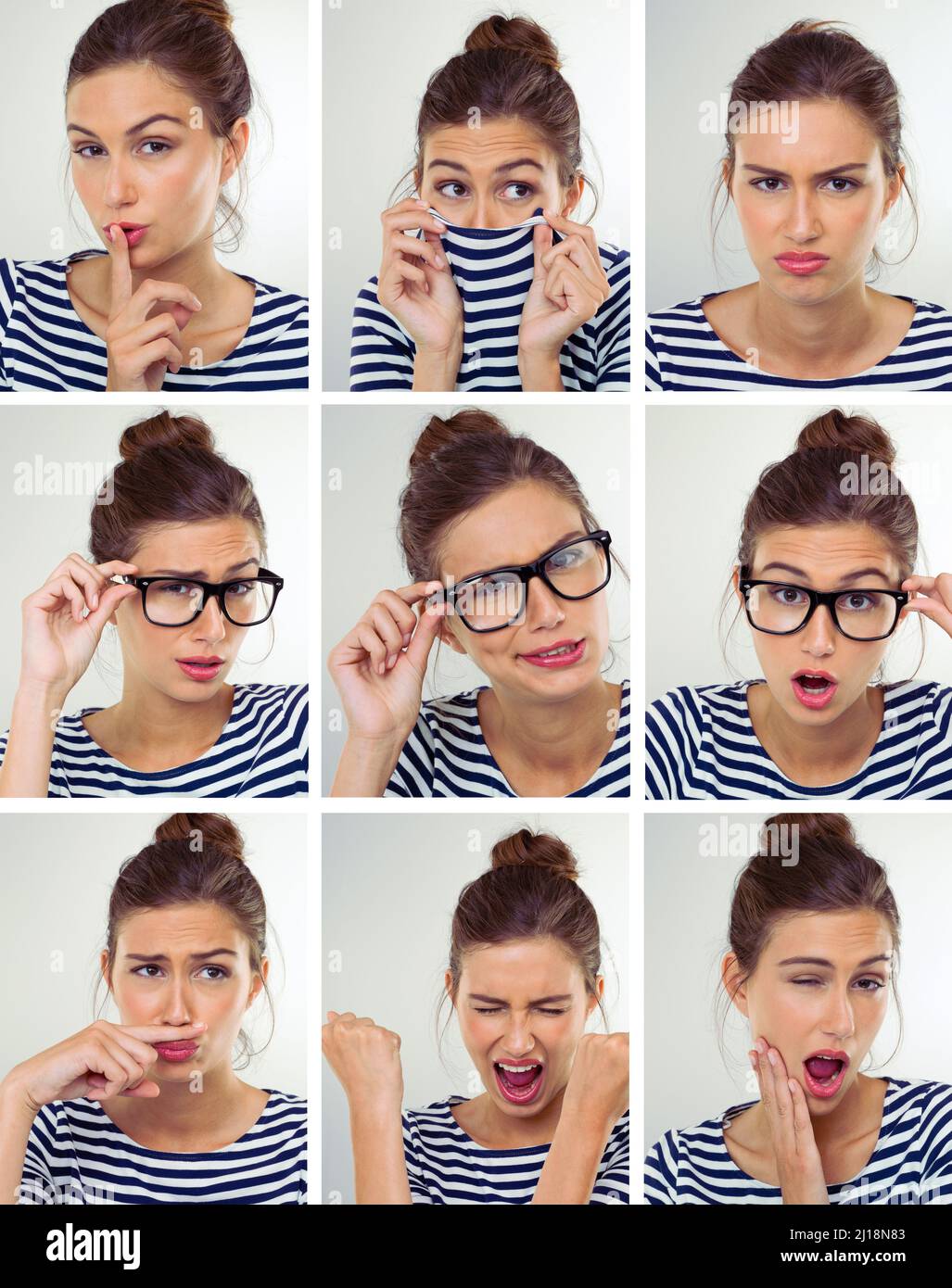 She a bundle of emotion. Multiple images of a beautiful young woman in varying poses. Stock Photo