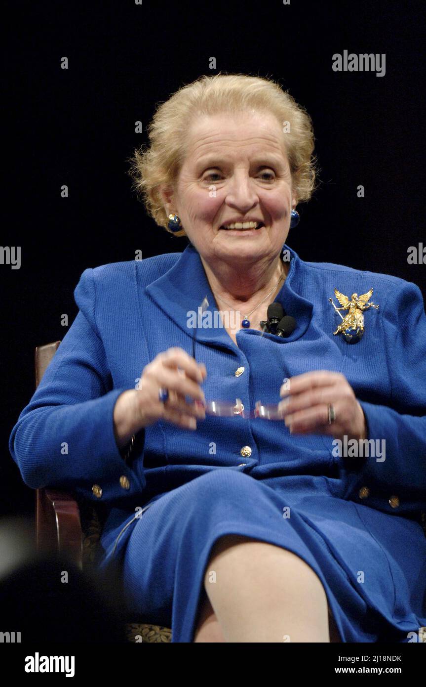 Former U.S. Secretary of State MADELEINE ALBRIGHT discusses what she says is the failed foreign policy of the Bush administration during a dialogue with ROSARIO GREEN, former secretary of state of Mexico, at St. Edward's University on November 17, 2005.  Albright who served eight years under President Clinton, passed away March 23rd, 2022. ©Bob Daemmrich Stock Photo