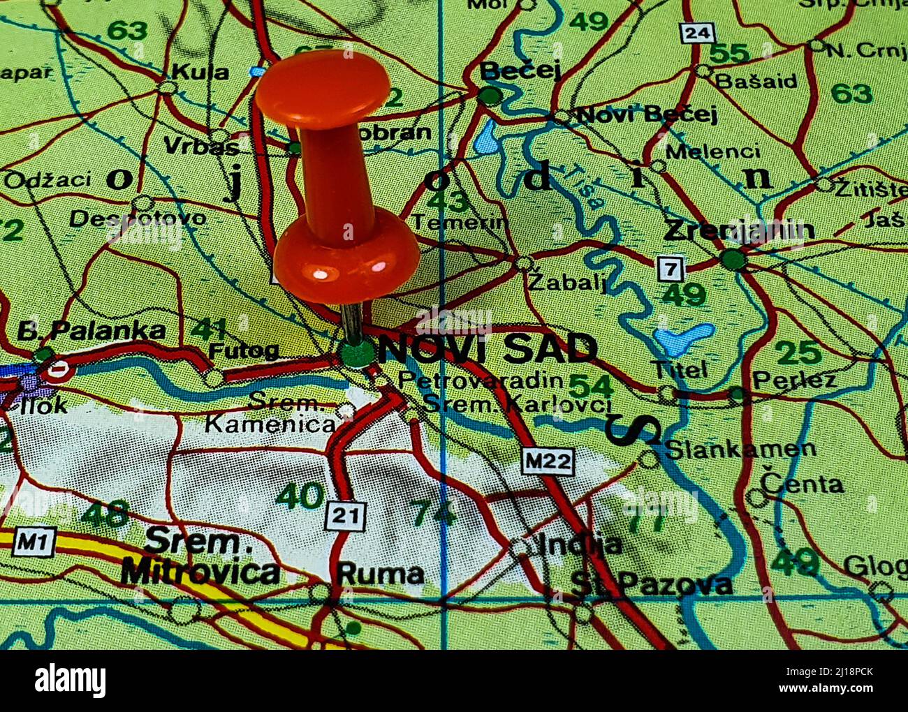 The Close-up shot of  a map and a red on Novi Sad  city in Serbia Stock Photo