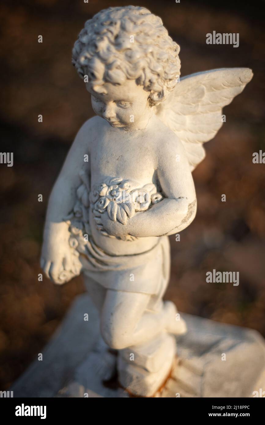 Little winged angel cherub garden statue Stock Photo
