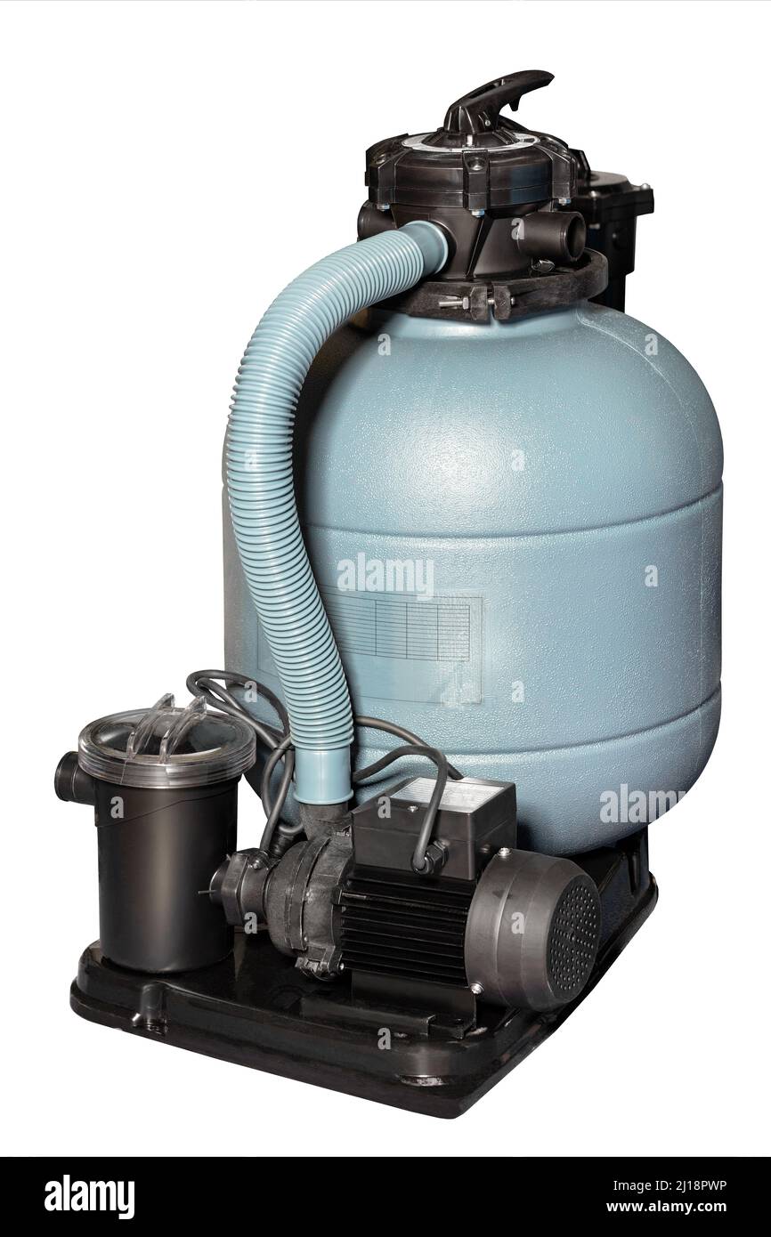 Side sand filter for swimming pools to improve water clarity. The image