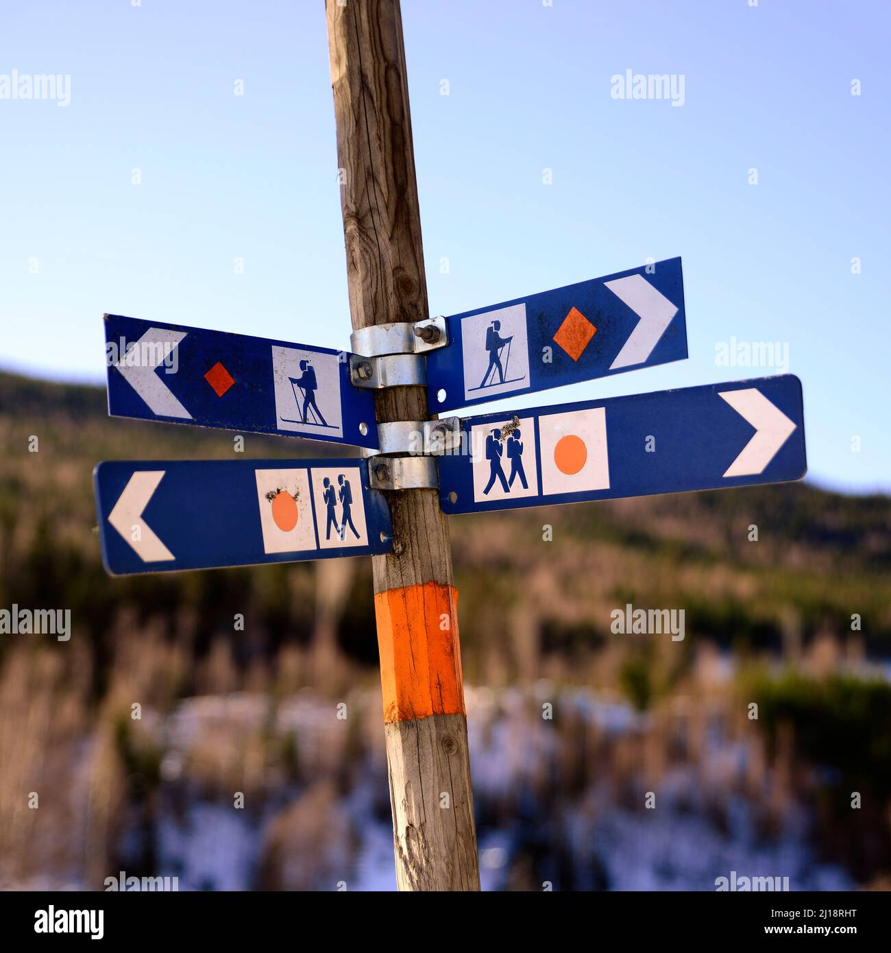 Multi direction signpost to local villages in Swedish mountains for tourists. Stock Photo