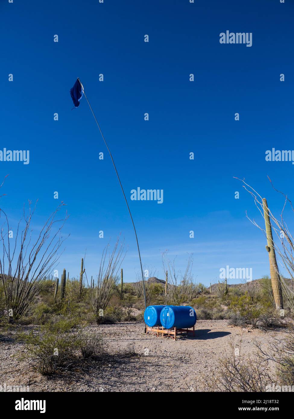 Humane Borders water cache for migrants, North Puerto Blanco Drive, Organ Pipe Cactus National Monument, Arizona. Stock Photo