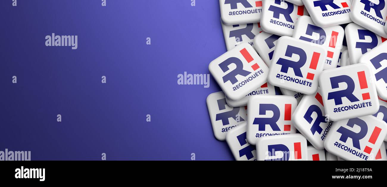 Elections in France. Logo of the far right party 'Reconquête' on a heap on a table. Web banner format with copy space. Stock Photo