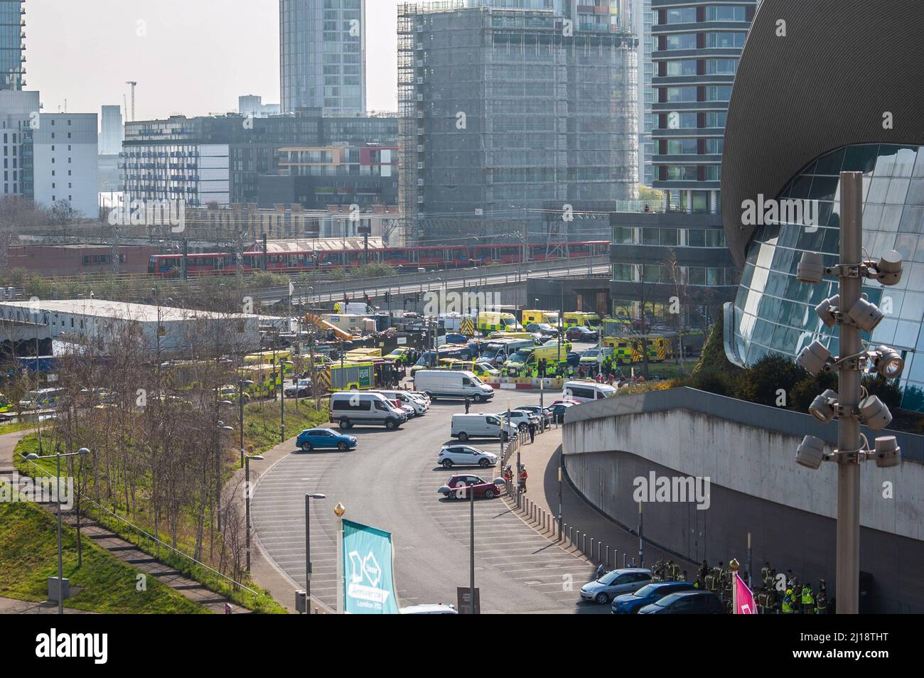 Stratford, London, England. 23rd March, 2022. London Aquatics Centre evacuated after a chlorine
