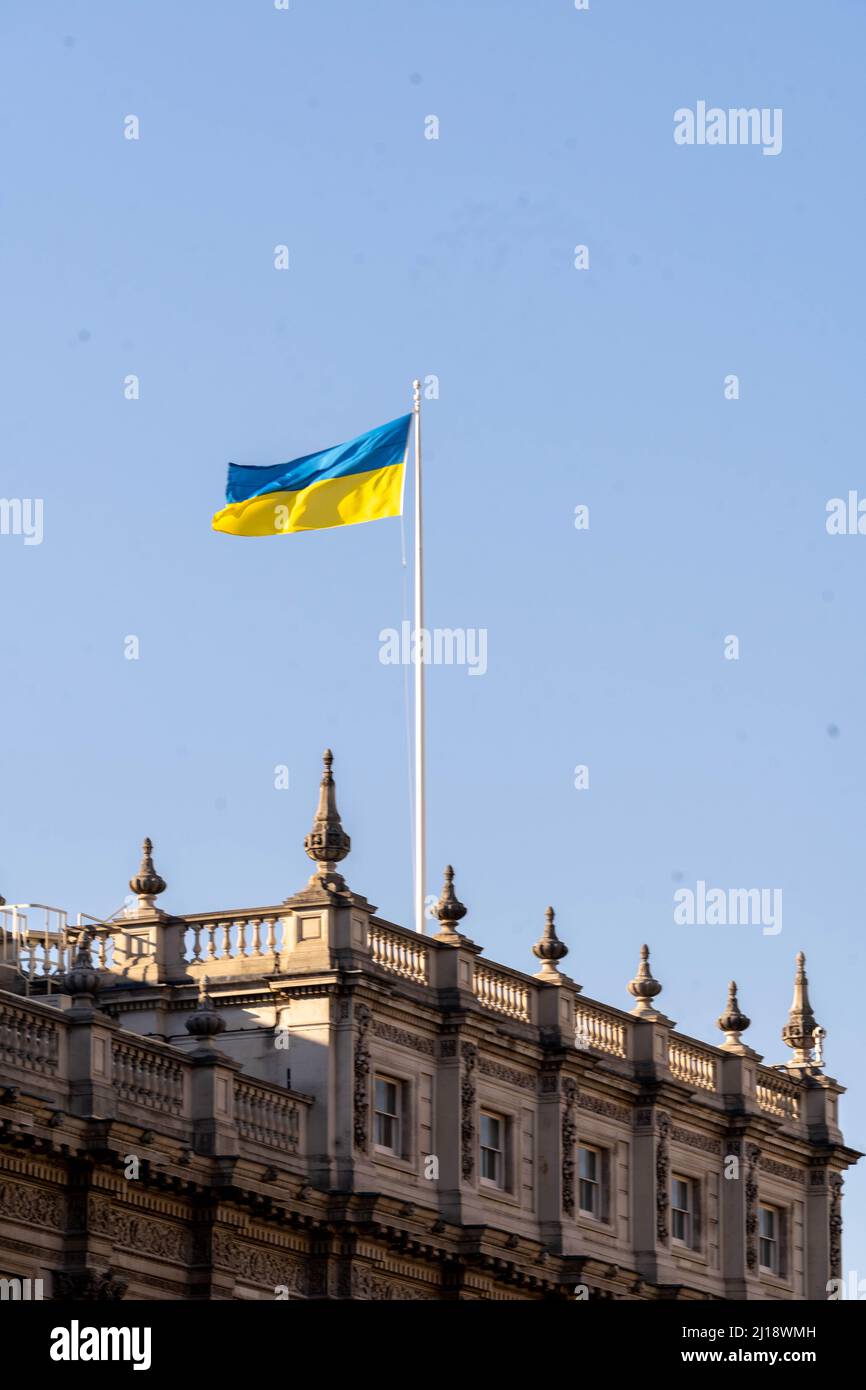 Ukrainians and supporters of Ukraine have gathered in London to protest against Russia's invasion of Ukraine. Stock Photo