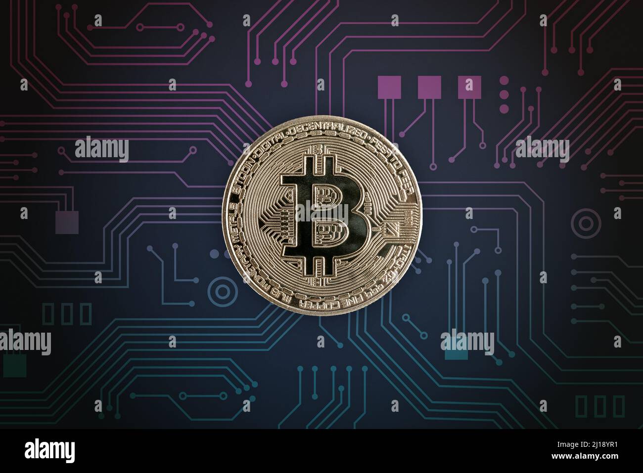 Bitcoin on electronic circuit board. Digital crypto currency concept