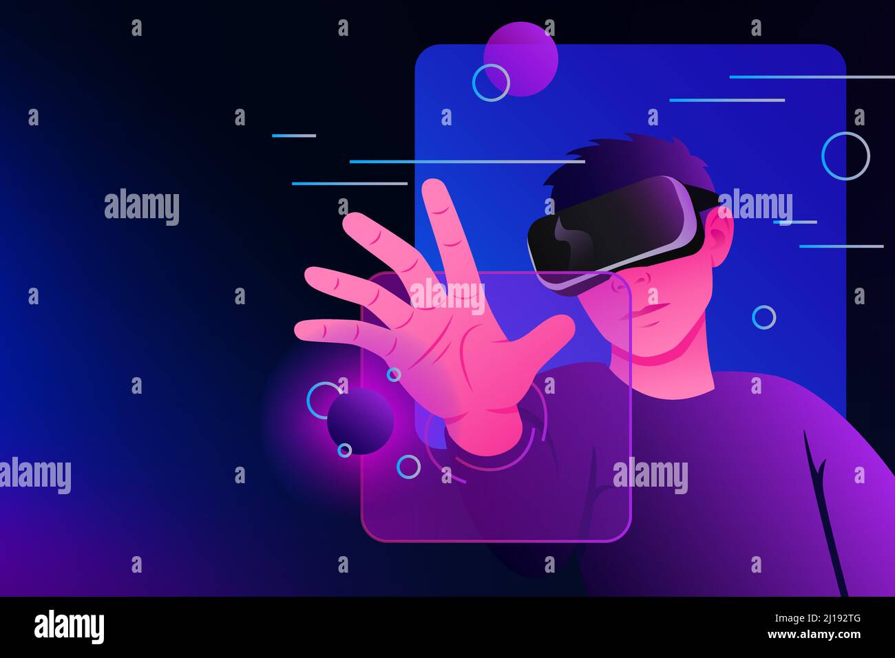 Metaverse Exploration. Alternative Reality. Man in VR goggles Web Illustration. Vector illustration Stock Vector