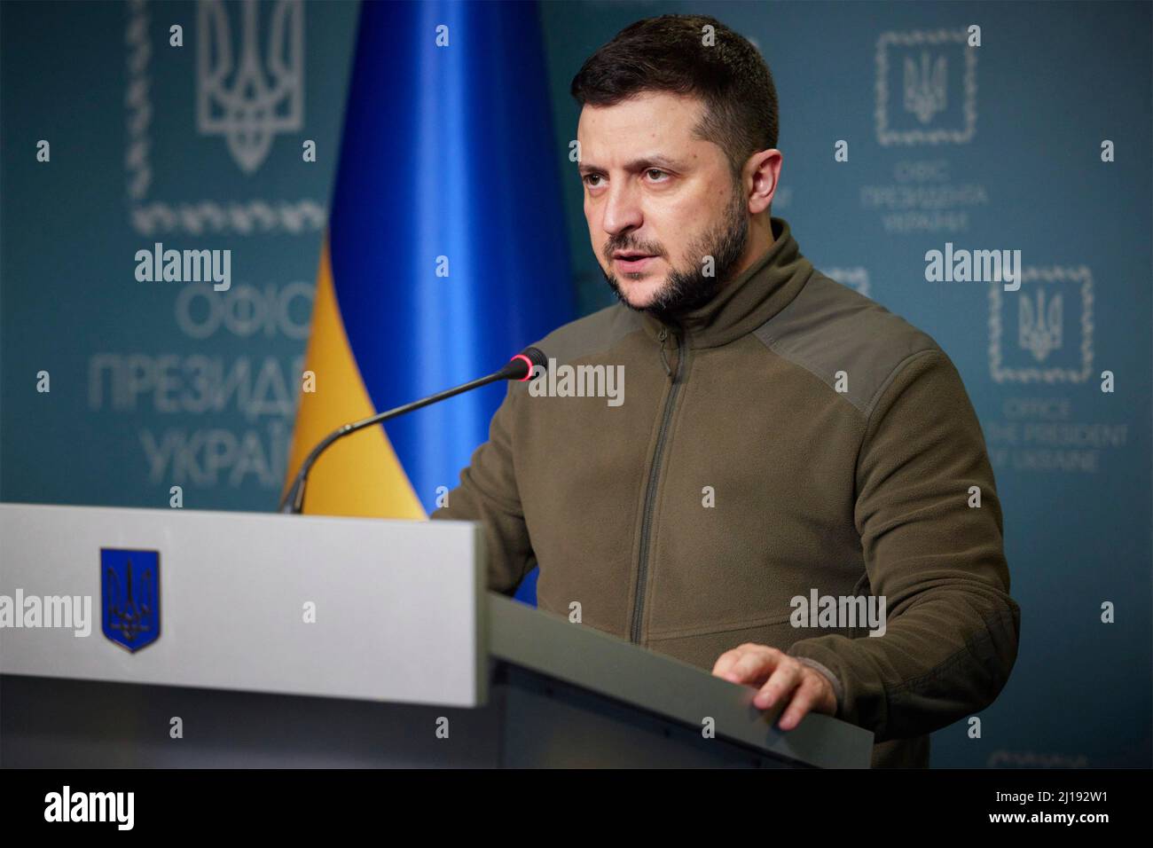 Kyiv, Ukraine. 22 March, 2022. Ukrainian President Volodymyr Zelenskyy updates the people of Ukraine after speaking with Pope Francis and addressing the Italian parliament, March 22, 2022 in Kyiv, Ukraine. Stock Photo
