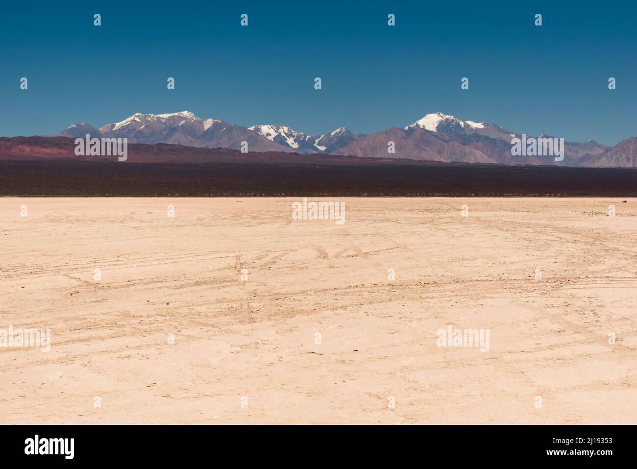 Desert plains by the Andes Mountains in natural reserve El Leoncito, located in the province of San Juan, Argentina. Stock Photo