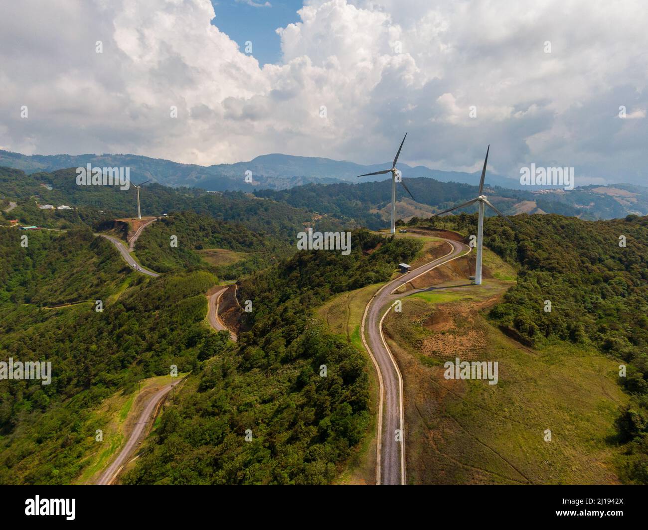 Beautiful aerial view of the renewable energy Windmills in Costa Rica Stock Photo