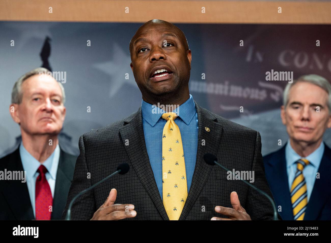 Washington, United States. 23rd Mar, 2022. U.S. Senator Tim Scott (R-SC) speaks at a press conference where Senate Republicans discussed the price of gasoline. Credit: SOPA Images Limited/Alamy Live News Stock Photo