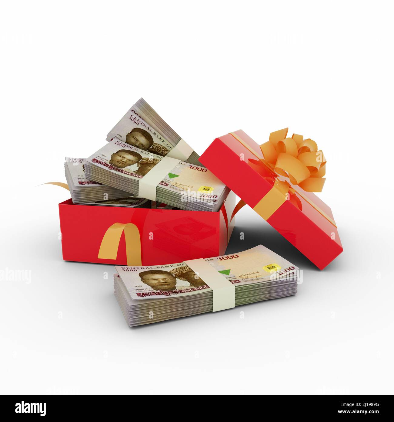 Stack of Nigerian naira notes inside an open red gift box. Bundles of