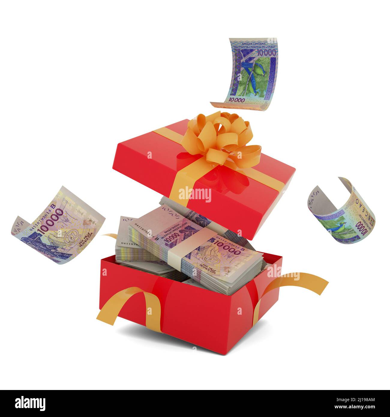 Stack of 10000 west African cfa franc dollar notes inside an open red