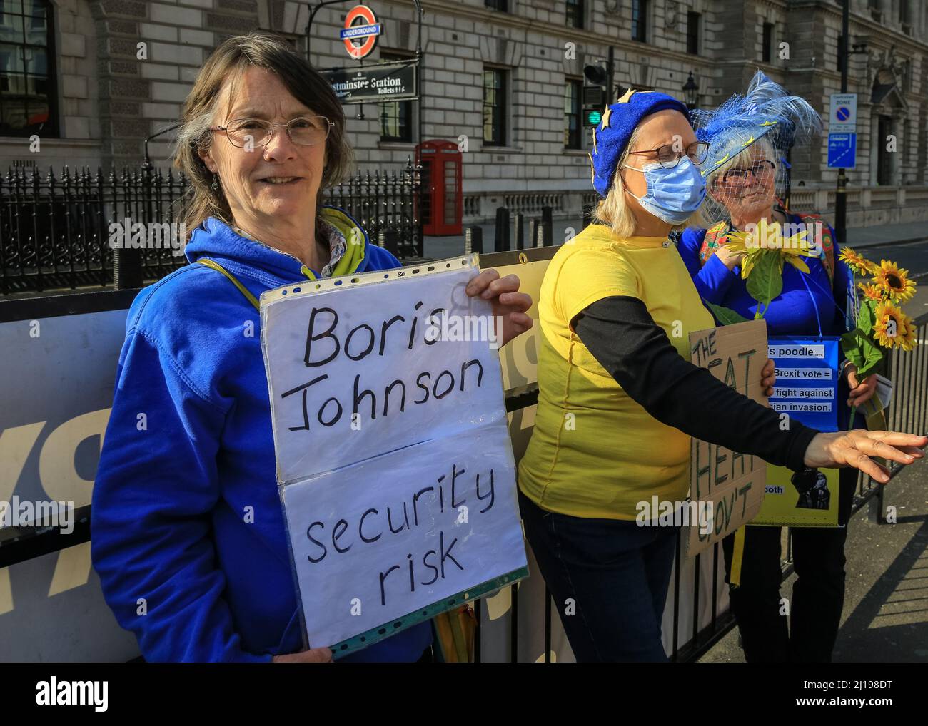 Westminster, London, UK. 23rd Mar, 2022. Protesters from Sodem (Stand in Defiance European Movement) rally outside Parliament in Westminster with flags and placards. The pro-EU group want to highlight problems with Brexit, as well as the failings of government. Credit: Imageplotter/Alamy Live News Stock Photo