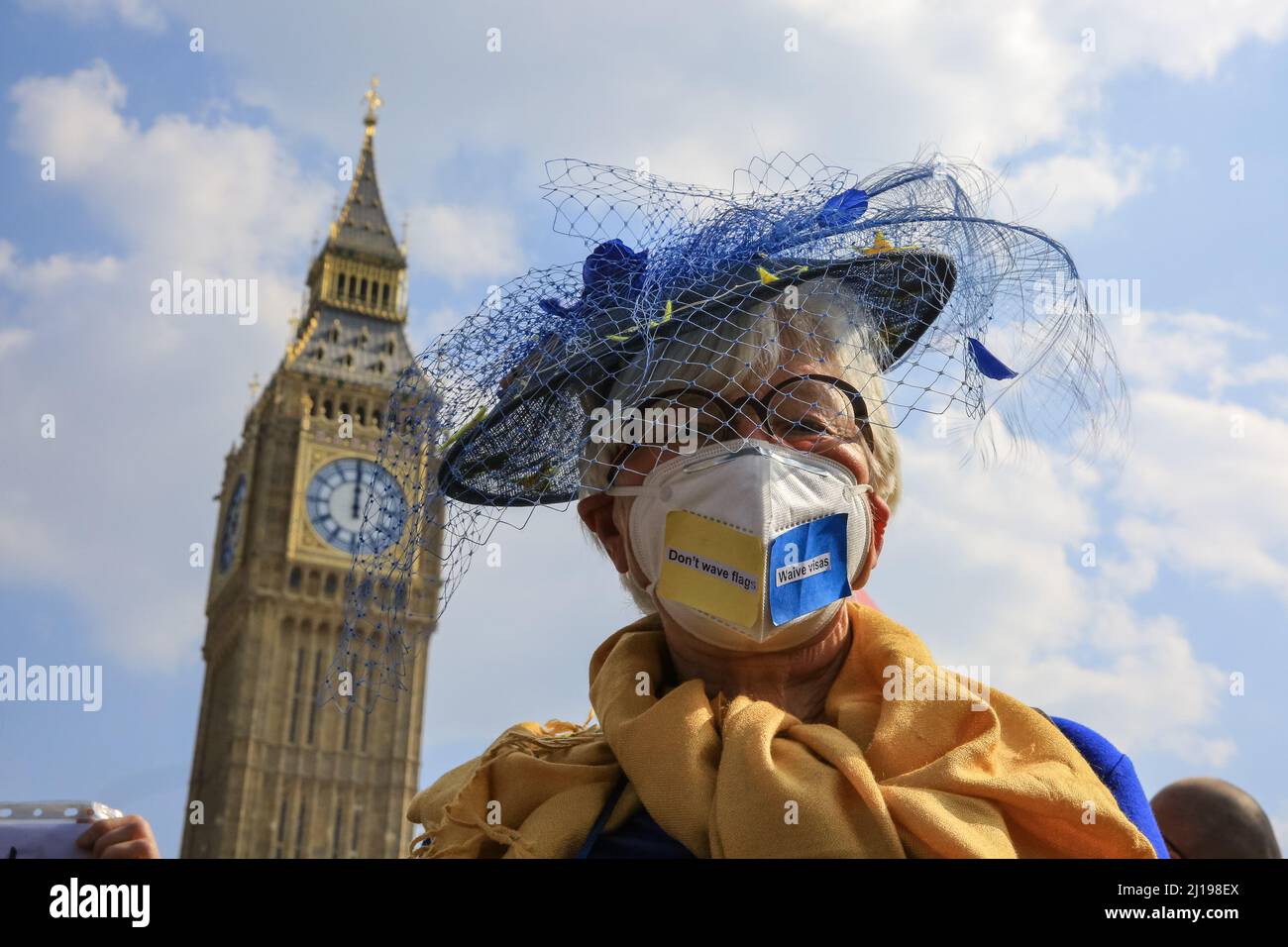 Westminster, London, UK. 23rd Mar, 2022. Protesters from Sodem (Stand in Defiance European Movement) rally outside Parliament in Westminster with flags and placards. The pro-EU group want to highlight problems with Brexit, as well as the failings of government. Credit: Imageplotter/Alamy Live News Stock Photo