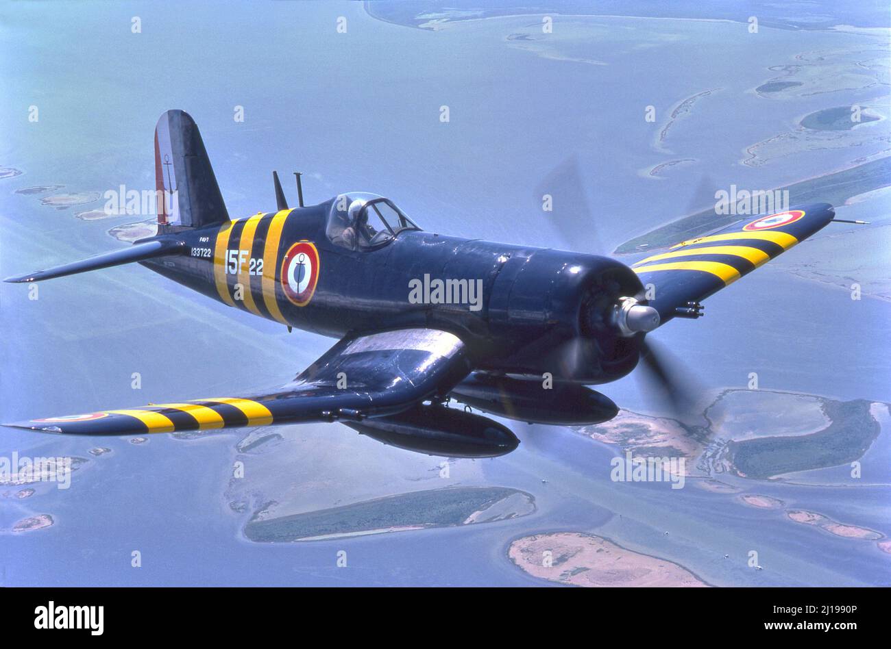 WWII Vought Corsairs fighter airplanes, used by the Marines and the Navy of the USA and many other allied countries. Stock Photo