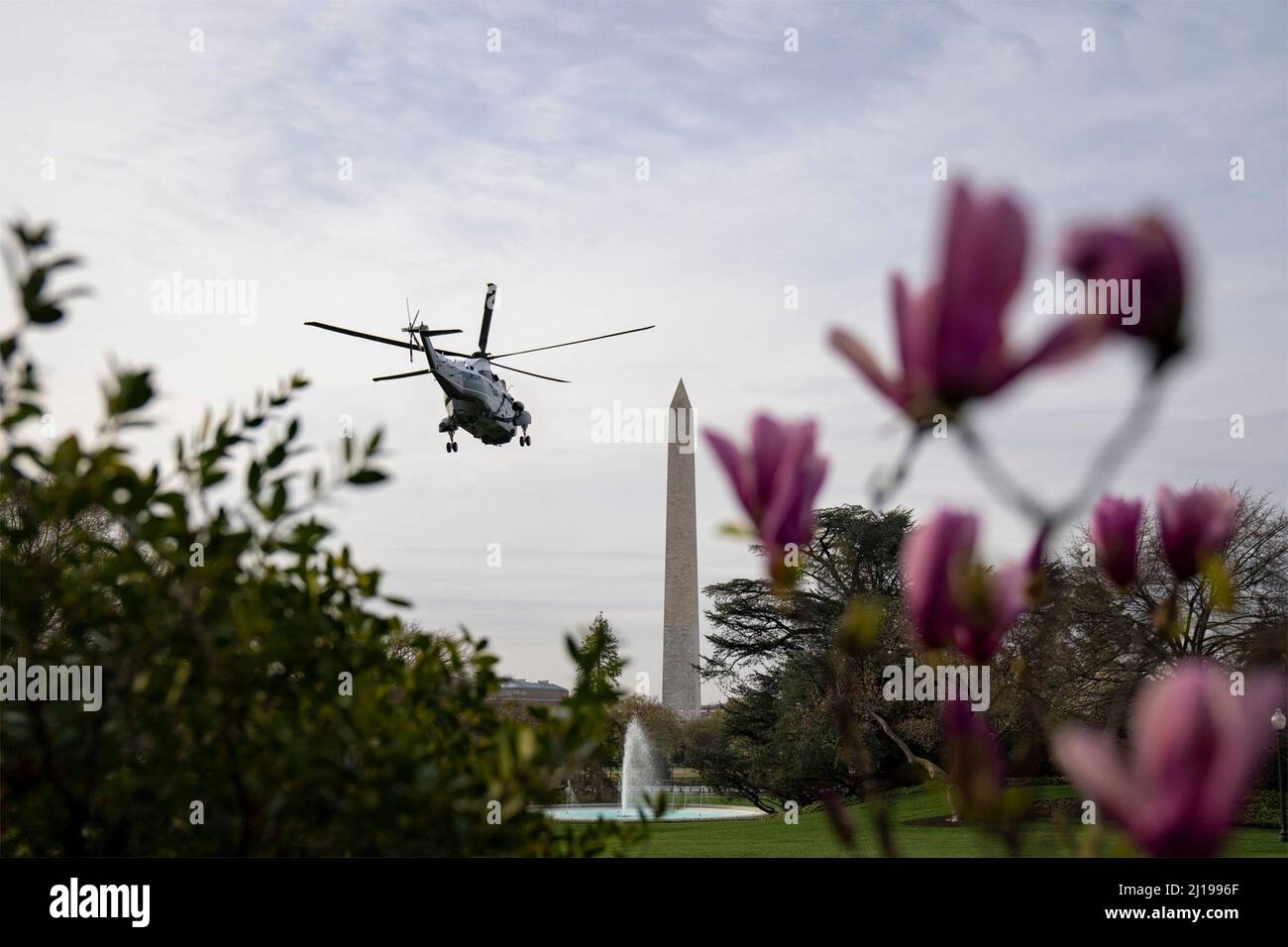 Washington, United States Of America. 23rd Mar, 2022. Washington, United States of America. 23 March, 2022. Marine One helicopter carrying U.S President Joe Biden departs from the South Lawn of the White House for a short trip to Andrews Air Force Base, March 23, 2022 in Washington, DC Biden is departing on a trip to Brussels and Poland to continue pushing for Ukraine support. Credit: Erin Scott/White House Photo/Alamy Live News Stock Photo