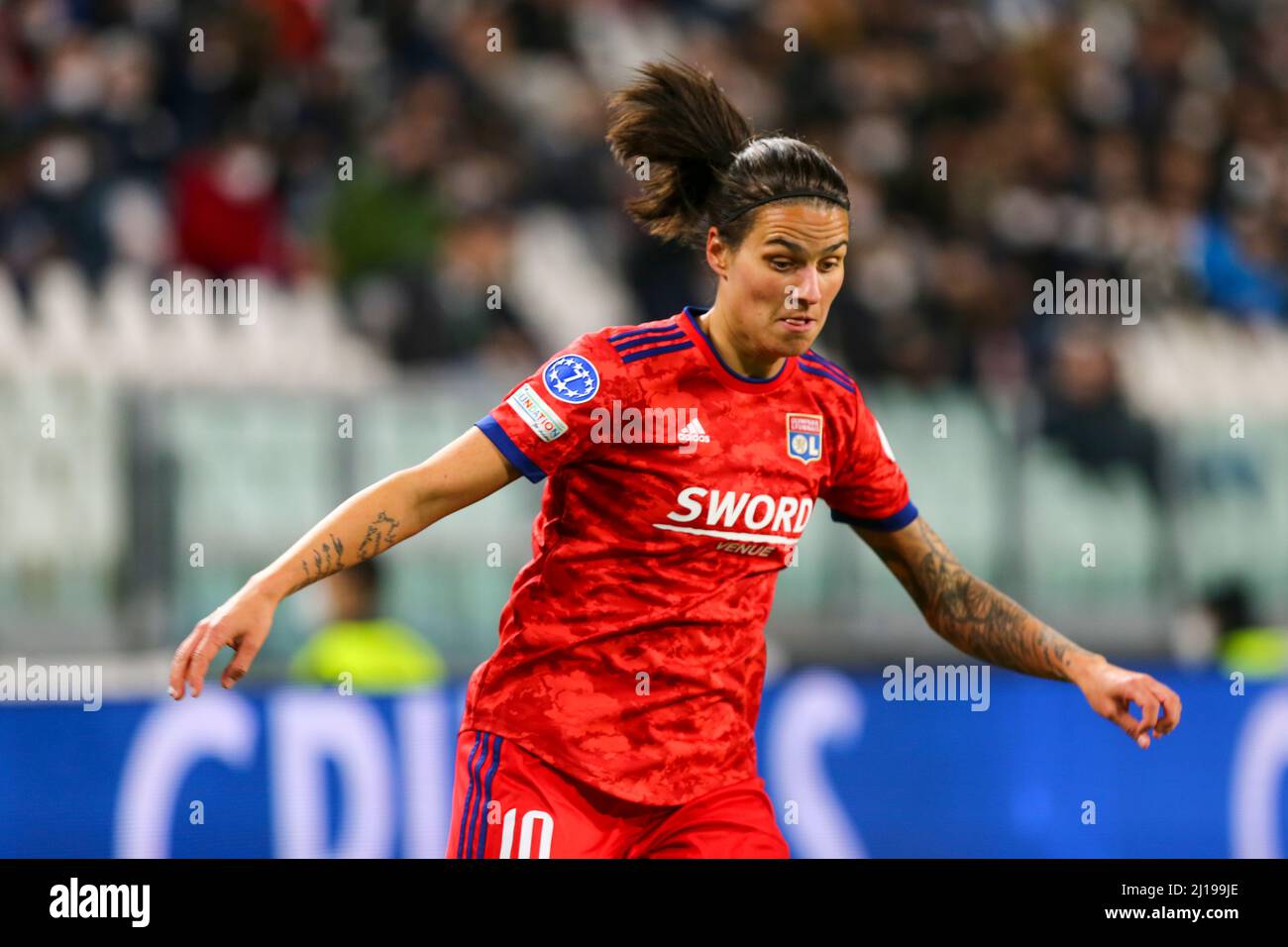 TURIN, ITALY. 23 MARCH 2022. Dzsenifer Marozsán of Olympique Lyonnais  Feminin during the quarters-final match, first leg, of the UWCL between  Juventus Women and Olympique Lyonnais Feminin on March 23, 2022 at