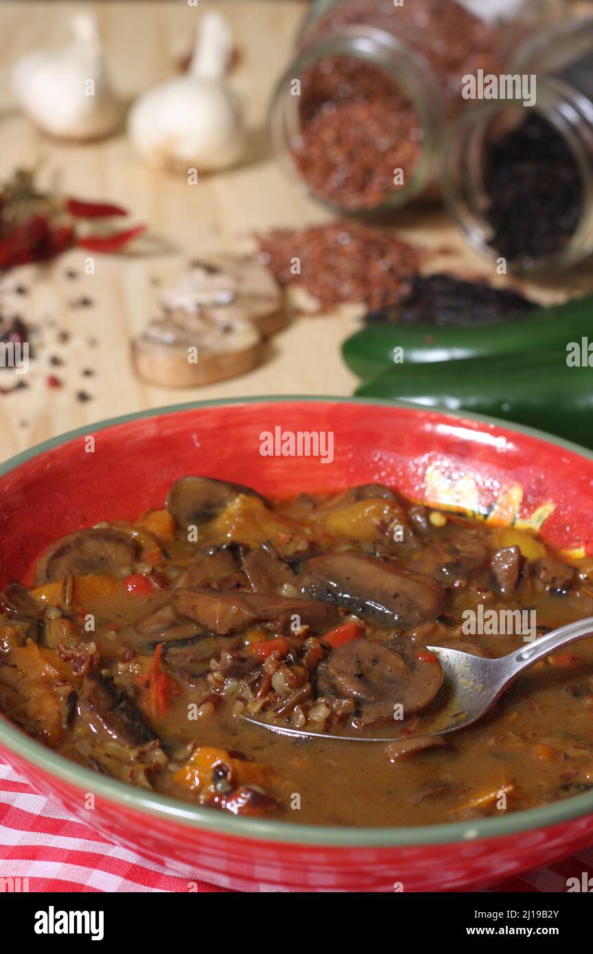 Mushroom and Peppers Soup With Wild Rice. Mix of Sweet Bell Peppers and