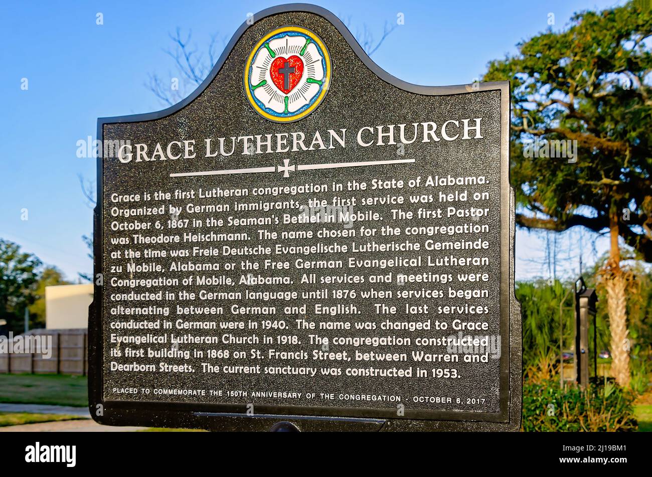 A historic marker tells the history of Grace Lutheran Church, March 5